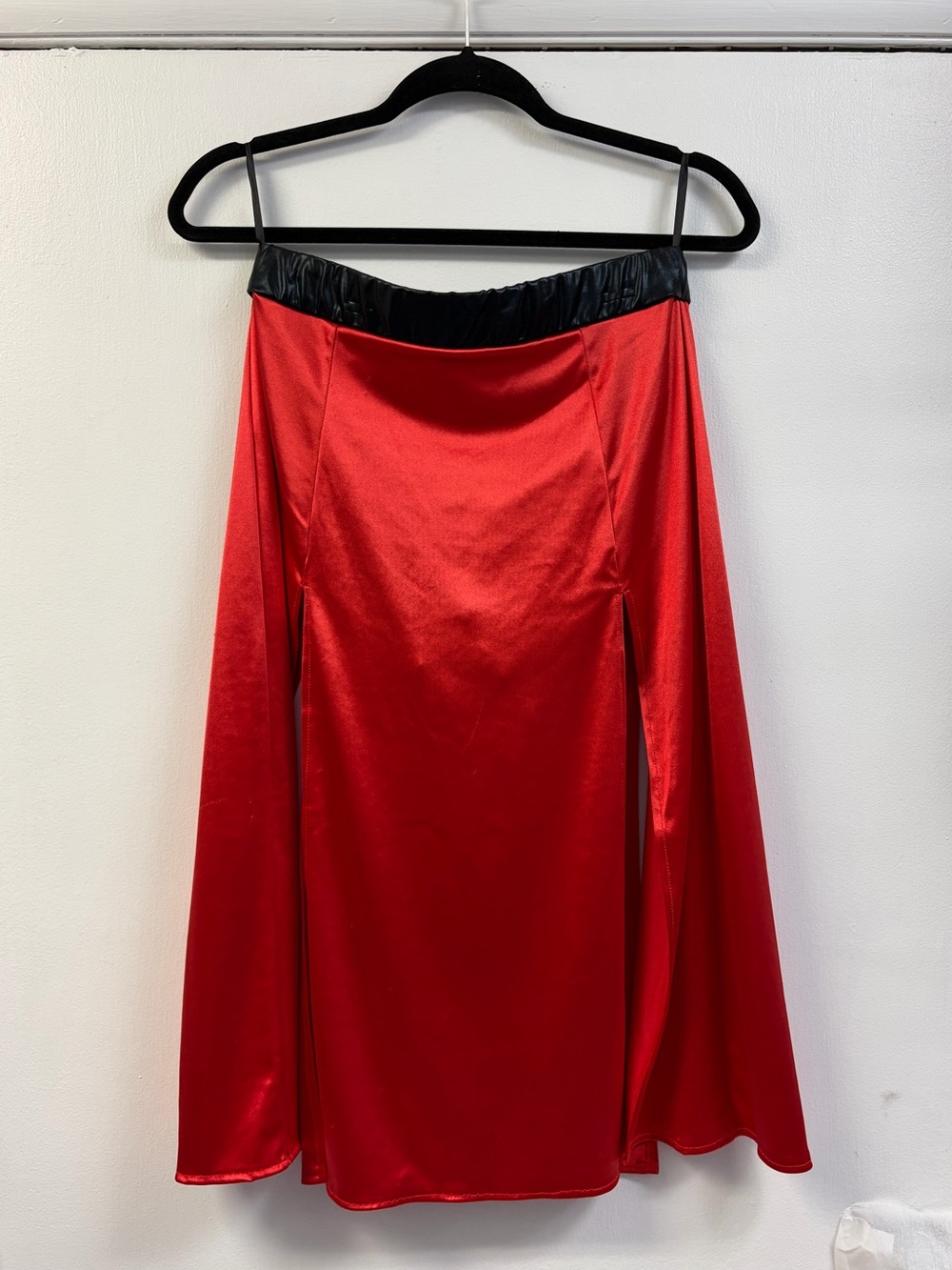 Red Satin Spandex Split Skirt with Black Faux Leather Waistband